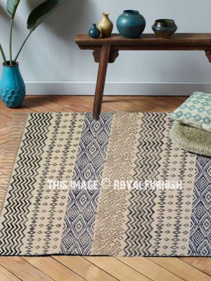 Beige Multi Hand Block Printed Dhurrie Rug Indoor Outdoor Rag Rugs for Living Room