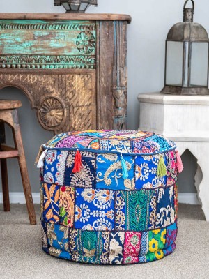 Handmade Khambariya Patchwork Pouf Cover Vintage Bohemian Round Indian Seating Ottoman Cover 22"