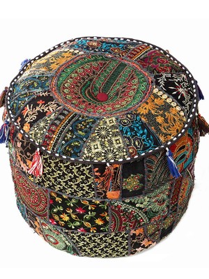 Vintage Bohemian Patchwork Pouf Cover Handmade Khambariya Round Indian Seating Ottoman Cover 17"