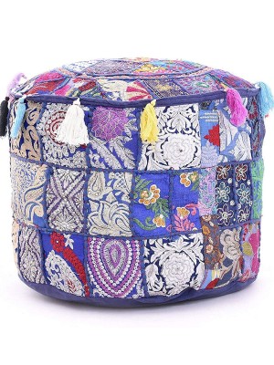Vintage Bohemian Patchwork Pouf Cover Handmade Khambariya Round Indian Seating Ottoman Cover 17"