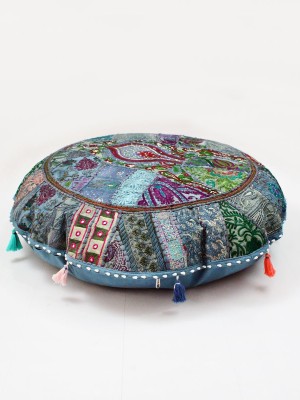 28" Embroidered Patchwork Round Cushion Cover Unique Handmade Floor Seating Pillow Case
