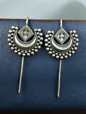 Half Moon Designer Needle Earcuff Earrings Ethnic Stone Crafted Silver Oxidized Earring Jewellery