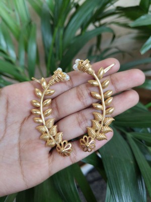 Traditional Leaf Designer Earcuff Earrings Unique Gold Plated Ear Wrap Jewellery with Pearl Drops
