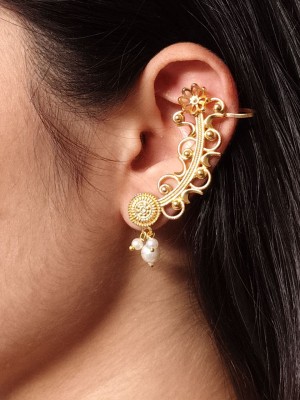 Trending Gold Plated Floral Designer Earcuff Ear Wrap Unique Indian Jewellery with Pearl Drops