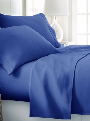 Blue 300TC Cotton Queen Size Solid Bed Sheet 4Pc Set 1 Flat Sheet, 1 Fitted Sheet and 2 Pillowcases 