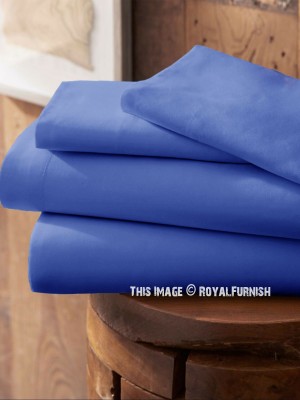 Blue 300TC Cotton Queen Size Solid Bed Sheet 4Pc Set 1 Flat Sheet, 1 Fitted Sheet and 2 Pillowcases 