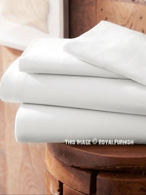 Solid White 300TC Cotton Queen Size Bed Sheet 4Pc Set 1 Flat Sheet, 1 Fitted Sheet and 2 Pillowcases 