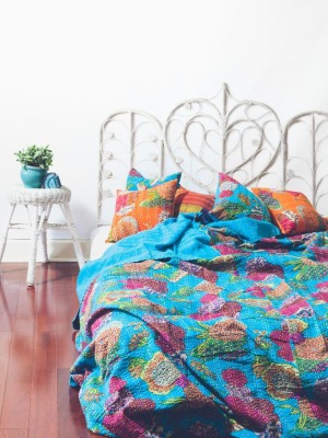 Colorful Cotton Handmade Kantha Quilt Bohemian Tropical Print Throw Blanket Queen Bedspread Bedding