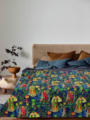 Boho Multicolored Frida Kahlo Print Kantha Quilt Cotton Handmade Queen Bedspread Bedding Throw