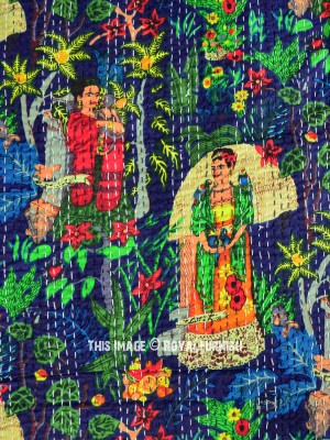 Boho Multicolored Frida Kahlo Print Kantha Quilt Cotton Handmade Queen Bedspread Bedding Throw