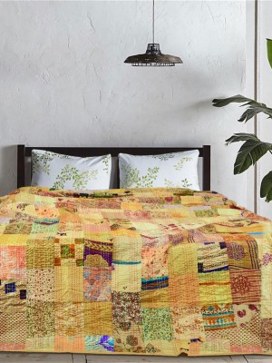 Bohemian Handmade Patchwork Silk Patola Kantha Quilt Multicolored One-Of-A-Kind Blanket Throw