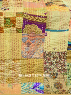 Bohemian Handmade Patchwork Silk Patola Kantha Quilt Multicolored One-Of-A-Kind Blanket Throw