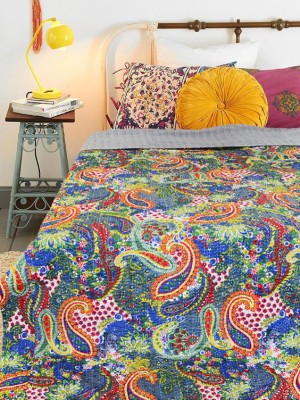 Boho Colorful Paisley Print Cotton Handmade Kantha Quilt Queen Size Bedspread Blanket Throw