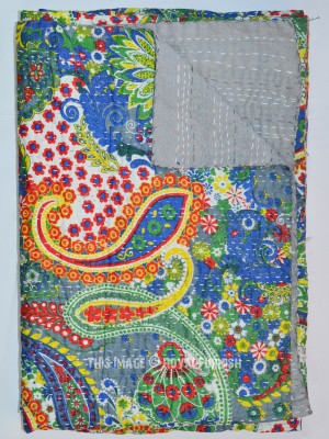 Boho Colorful Paisley Print Cotton Handmade Kantha Quilt Queen Size Bedspread Blanket Throw