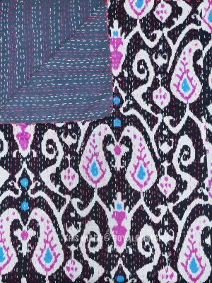 Vibrant Paisley Ikat Print Kantha Quilt Cotton Handmade Queen Bedspread Blanket Throw