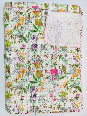 Special Rajasthani Floral Print Kantha Quilt Cotton Handmade Queen Bedspread Blanket Throw