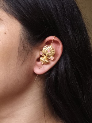 Elegant Gold Plated Lotus Flower Stonework Needle Earcuff Earrings Ear Wrap Jewellery