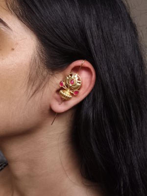 Elegant Gold Plated Lotus Flower Stonework Needle Earcuff Earrings Ear Wrap Jewellery