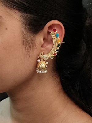 Ethnic Stonework Gold Plated Peacock Designer Earcuff Jhumki Earrings Ear Wrap Jewellery