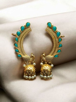 Ethnic Stonework Gold Plated Peacock Designer Earcuff Jhumki Earrings Ear Wrap Jewellery