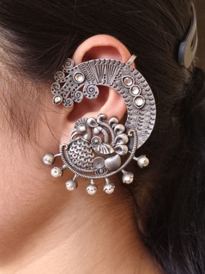 Vintage Tribal Hippie Silver Oxidized Earcuff Earrings Bohochic Peacock Designer Ear Wrap