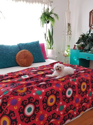 Multicolored Suzani Printed Cotton Handmade Kantha Quilted Bedding Throw Bedspread