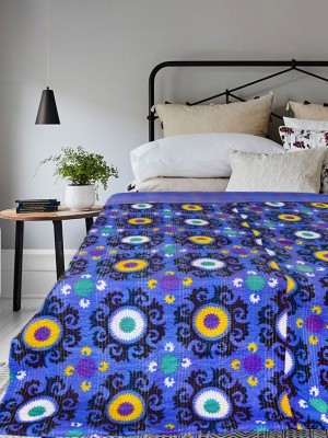 Multicolored Suzani Printed Cotton Handmade Kantha Quilted Bedding Throw Bedspread