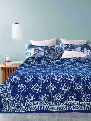 Indigo Blue Hand Block Printed Cotton Handmade Kantha Quilt Blanked Throw Twin Size