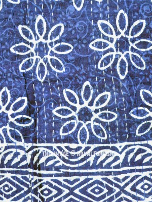 Indigo Blue Hand Block Printed Cotton Handmade Kantha Quilt Blanked Throw Twin Size