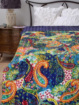 Cotton Handmade Kantha Quilt Multicolored Paisley Print Twin Size Bedspread Blanket Throw