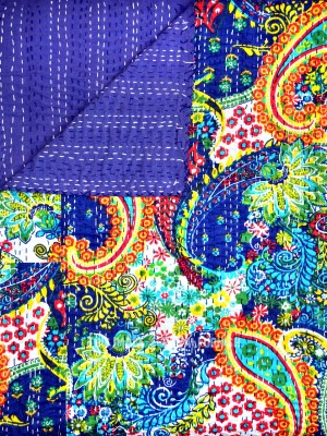 Cotton Handmade Kantha Quilt Multicolored Paisley Print Twin Size Bedspread Blanket Throw