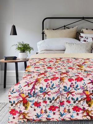 Bird Paradise Indian Kantha Quilt Cotton Handmade Twin Size Quilted Bedding Throw