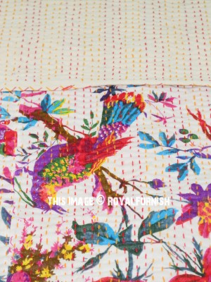 Bird Paradise Indian Kantha Quilt Cotton Handmade Twin Size Quilted Bedding Throw