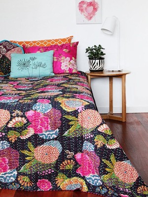 Colorful Tropical Print Kantha Quilt Boho Handmade Cotton Twin Bedding Bedspread Blanket