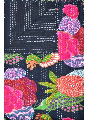 Colorful Tropical Print Kantha Quilt Boho Handmade Cotton Twin Bedding Bedspread Blanket