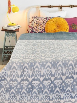 Hand Stitched Kantha Quilt Zig Zag Ikat Print Indian Cotton Twin Bedspread Blanket Throw