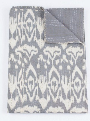 Hand Stitched Kantha Quilt Zig Zag Ikat Print Indian Cotton Twin Bedspread Blanket Throw