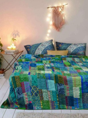 Boho Hand Stitched Multi Silk Patchwork Patola Kantha Quilt One-Of-A-Kind Blanket Throw