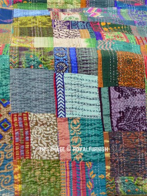 Boho Hand Stitched Multi Silk Patchwork Patola Kantha Quilt One-Of-A-Kind Blanket Throw