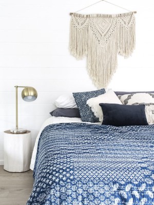 Jaipuri Hand Block Printed Indigo Kantha Quilt Cotton Twin Size Bedspread Blanket Throw