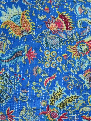 Colorful Floral Handmade Kantha Quilt Indian Cotton Twin Bedding Bedspread Blanket Throw