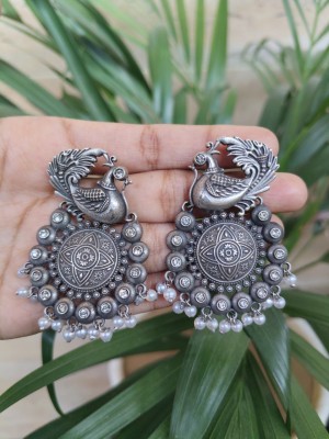 Antique Peacock Designer Stud Earring Silver Oxidized Traditional Work Pearl Drops Earrings