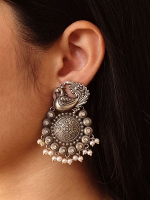 Antique Peacock Designer Stud Earring Silver Oxidized Traditional Work Pearl Drops Earrings