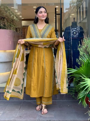 Mustard Yellow Embroidered Kurti Pant Dupatta Set Indian Cotton V-Neck Straight Salwar Kameez Set