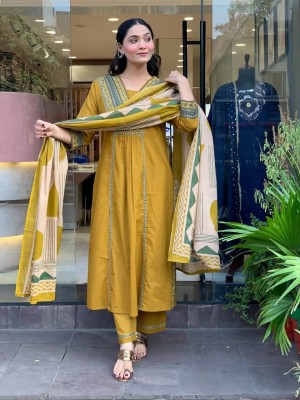 Mustard Yellow Embroidered Kurti Pant Dupatta Set Indian Cotton V-Neck Straight Salwar Kameez Set