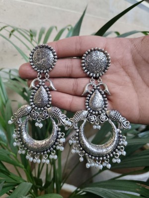 Silver Plated Chand Bali Earring Silver Traditional Fish Designer Earrings with Pearl Drops 