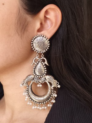 Silver Plated Chand Bali Earring Silver Traditional Fish Designer Earrings with Pearl Drops 
