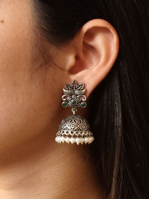Intricate Silver Oxidized Jhumka Stone Crafted Ethnic Dangler Earrings Jewelry
