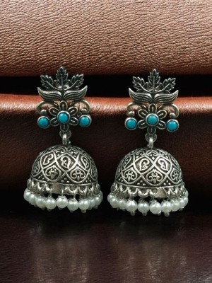Intricate Silver Oxidized Jhumka Stone Crafted Ethnic Dangler Earrings Jewelry