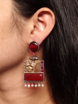 Traditional Designer Dual Tone Dangler Peacock Monalisa Stone Earrings with Pearl Drops